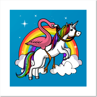 Flamingo Riding Unicorn Rainbow Posters and Art